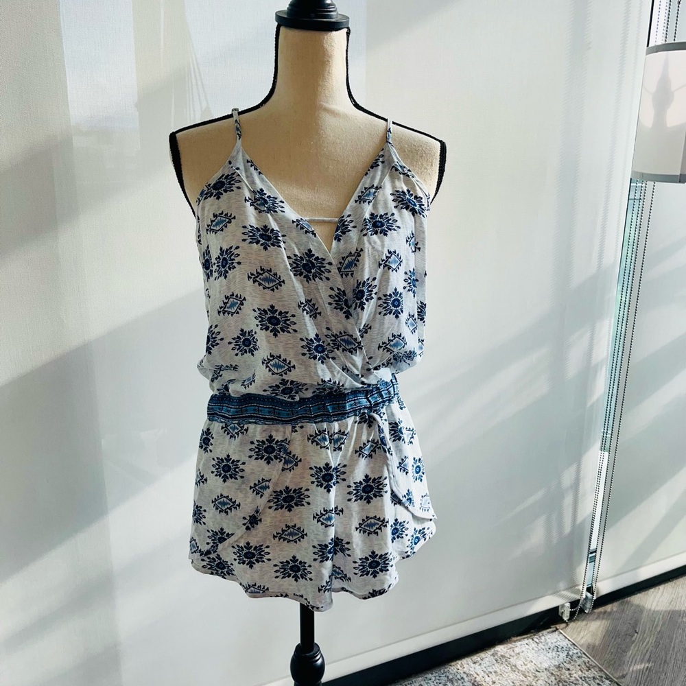 Ocean Drive White and Blue Floral Romper with Tie Waist